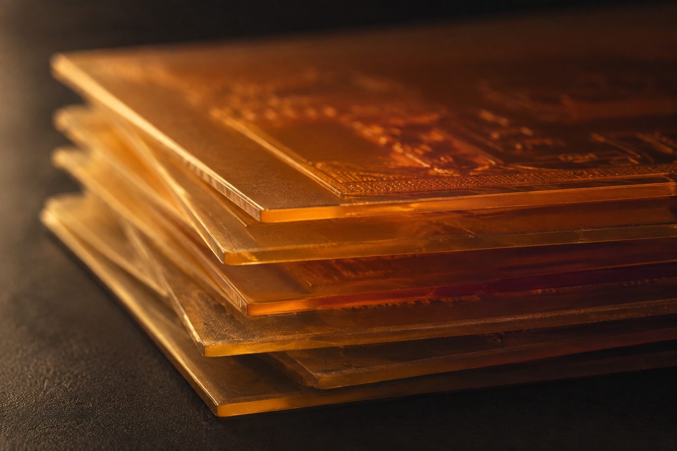 A stack of amber photopolymer printing plates seen edge on, lit from one side.