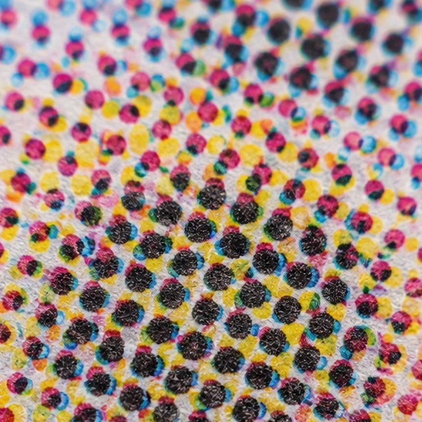 Printed CMYK halftone dots at high magnification, the rosette pattern visible.