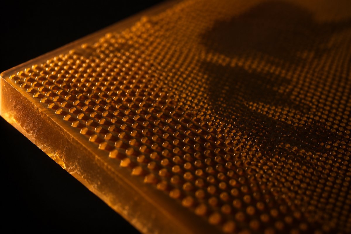 The surface of a flexographic printing plate at close range, its raised dot relief catching the light.